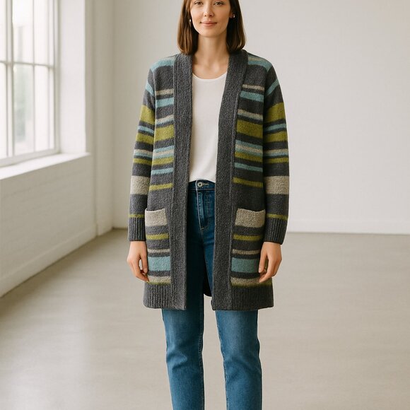 J. Jill Sweaters - J.Jill Striped Knit Cardigan XS Gray Blue Green Long Open Front Sweater